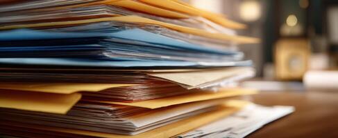 The stacked folders representing organized paperwork in a modern office setting. photo