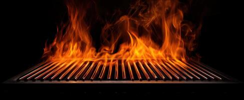 The grill ignites with vibrant flames, creating a fiery cooking atmosphere. photo