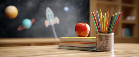The vibrant classroom scene featuring an apple and colorful pencils. photo