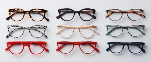 The stylish collection of vintage and modern eyeglasses on display. photo