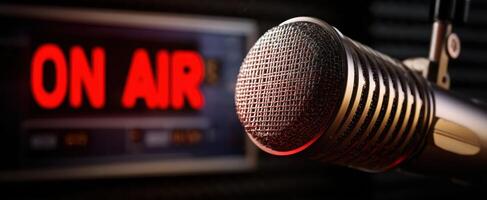 The vintage microphone in front of an illuminated 'ON AIR' sign. photo
