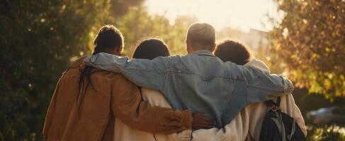 The group of friends embracing in a sunlit outdoor setting. photo