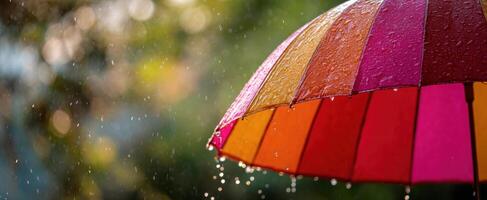 The Colorful Umbrella Reflects Rain Droplets in a Delightful Outdoor Scene photo