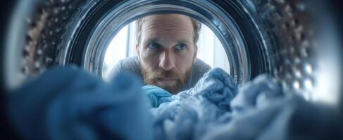 The man looking inside a washing machine filled with clean laundry. photo