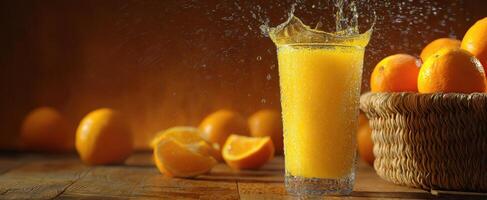 The refreshing orange juice splash with ripe oranges in a woven basket. photo