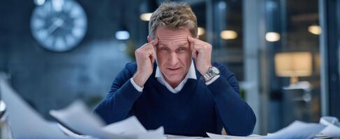 The stressed man dealing with overwhelming paperwork in a modern office setting. photo