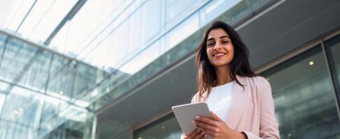 The confident woman holding a tablet in a modern urban environment. photo