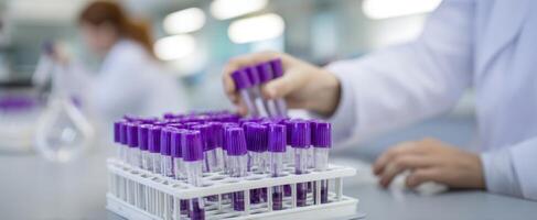 The laboratory technician handling test tubes in a modern science facility. photo