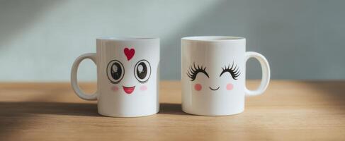 The cheerful mugs with cute faces perfect for morning beverages and gifts. photo
