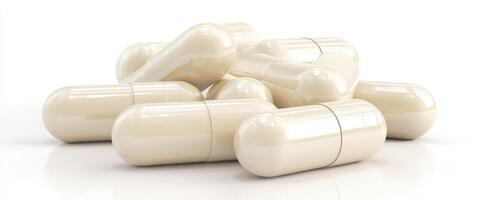 The collection of beige capsules arranged on a reflective surface. photo