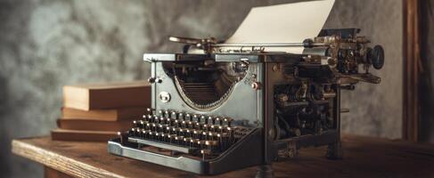 The vintage typewriter set on a rustic desk with books and paper. photo