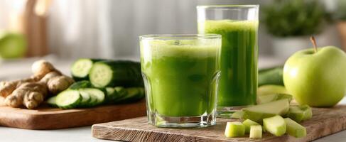 The refreshing green juice made with cucumber, apple, and ginger for wellness. photo