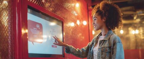 The woman interacting with a touchscreen display in a modern setting. photo