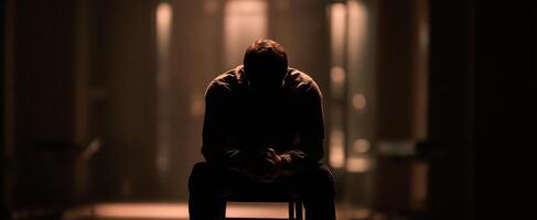 The man in silhouette contemplating his thoughts in a dimly lit space. photo