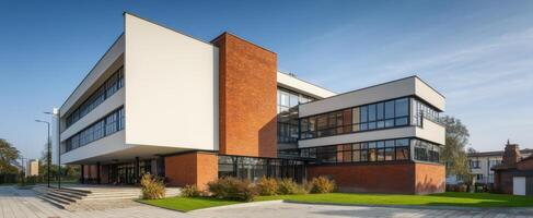 The modern architectural building showcasing contemporary design and vibrant surroundings. photo