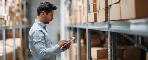 The warehouse worker utilizing a tablet to manage inventory and organization. photo