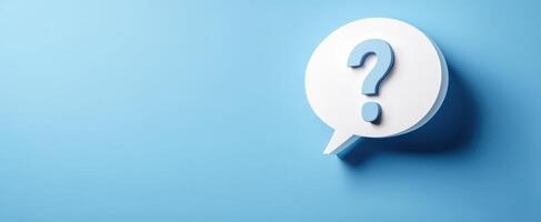 The question mark in a speech bubble on a blue background for inquiries. photo