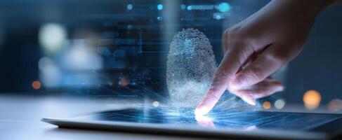 The Hand Touching a Digital Tablet with a Floating Fingerprint Visualization photo