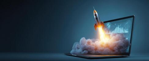 The rocket launching from a laptop symbolizes digital innovation and growth. photo