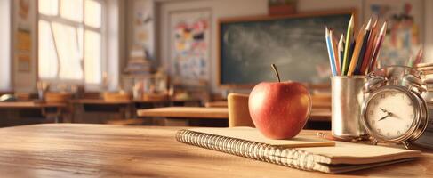 The apple and stationery on a desk in a vibrant classroom setting. photo