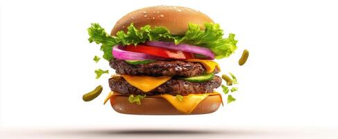 The mouthwatering hamburger with layers of cheese, fresh vegetables, and rich flavors. photo