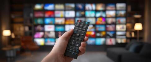 A person holding a remote control in front of a television screen photo