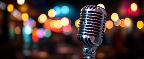 The iconic microphone capturing the essence of live music performances and vibrant atmospheres. photo