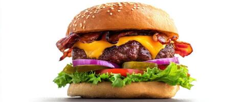 The delicious cheeseburger with bacon, lettuce, and vibrant toppings in focus. photo