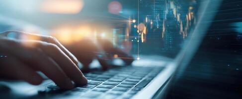 The hands typing on a laptop with digital data visualizations in the background. photo