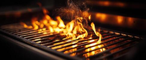 The glowing flames of a sizzling barbecue grill in action. photo