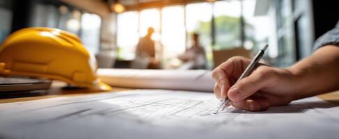 The architect's hand sketching a blueprint in a collaborative workspace. photo