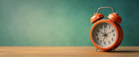 The vibrant orange alarm clock on a wooden desk background. photo
