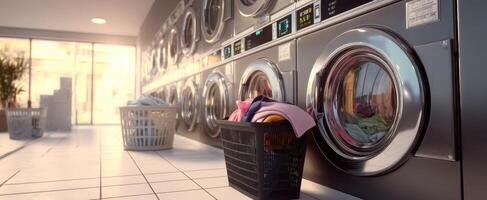 The vibrant laundry room with modern machines and neatly organized baskets. photo