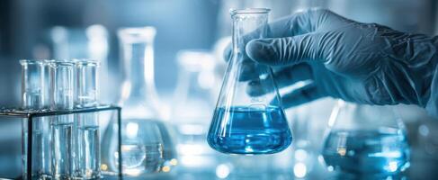The laboratory technician holding a blue liquid flask in a science environment. photo