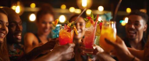 The colorful cocktails shared among friends during a joyful celebration at night. photo