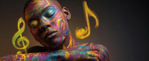 The colorful portrait of a person with musical notes and vibrant face paint. photo
