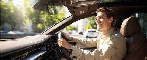 The happy young man enjoying a drive in a modern luxury car. photo