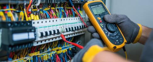 The technician using a multimeter to measure electrical parameters in a circuit. photo