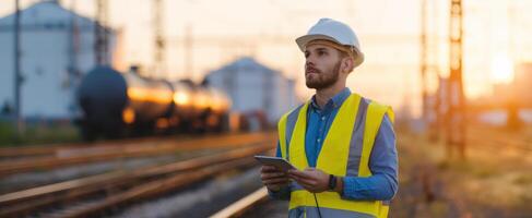 The construction worker inspecting railway tracks at sunset with a tablet in hand. photo