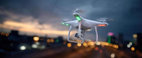The drone hovering against a breathtaking sunset over the urban skyline. photo