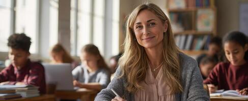 The cheerful teacher engaging students in a vibrant classroom setting. photo