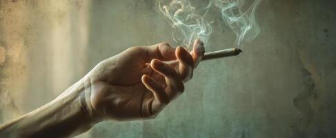 The hand holding a cigarette, surrounded by wisps of smoke in a serene setting. photo