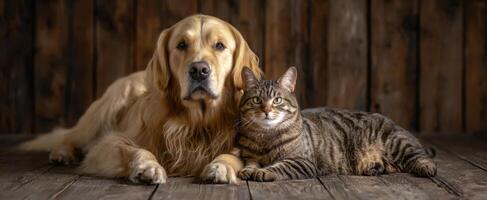 The golden retriever and tabby cat sharing a peaceful moment together. photo