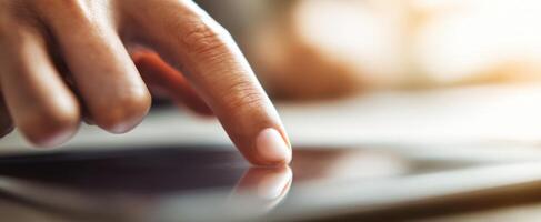 The hand interacting with a touchscreen tablet device in a modern setting. photo