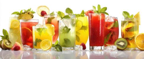 The vibrant assortment of refreshing fruit cocktails garnished with mint. photo
