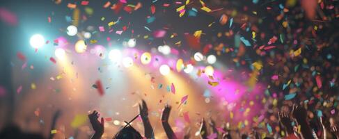 The vibrant celebration of music and joy with colorful confetti in the air. photo