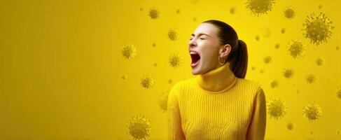 The woman expressing frustration amidst floating virus illustrations in a yellow background. photo