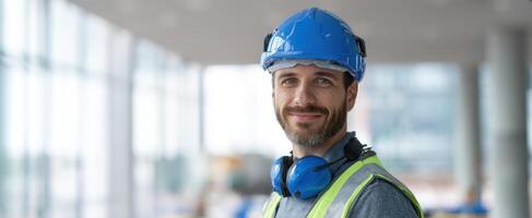 The smiling construction worker wearing a blue helmet and safety vest in an interior setting. photo