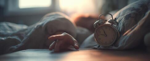The Alarm Clock Beside a Sleeping Person in a Cozy Bedroom Scene photo