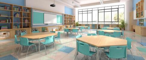 The modern classroom featuring vibrant furniture and ample natural light. photo